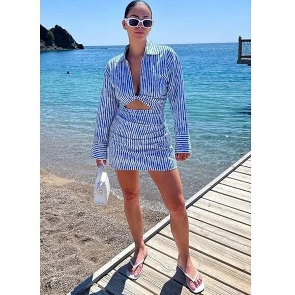 ZARA Striped Knot Cut Out Mini Dress Linen Blend Long Sleeve Blue/ White NWT - Picture 3 of 14